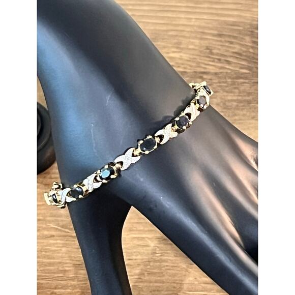 Sterling Silver 925 PAJ China Bracelet Gold Vermeil Black Stone Tennis Link 7.5” - Picture 1 of 9